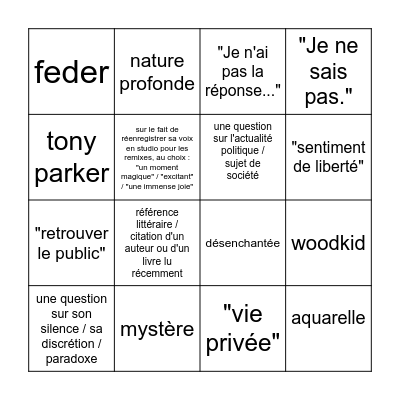 Mylène Farmer Interview Gala, Mars 2024 Bingo Card