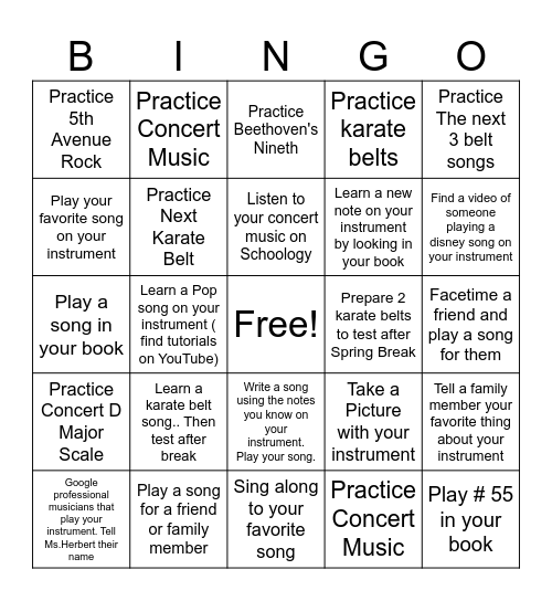 Spring Break BINGO Card