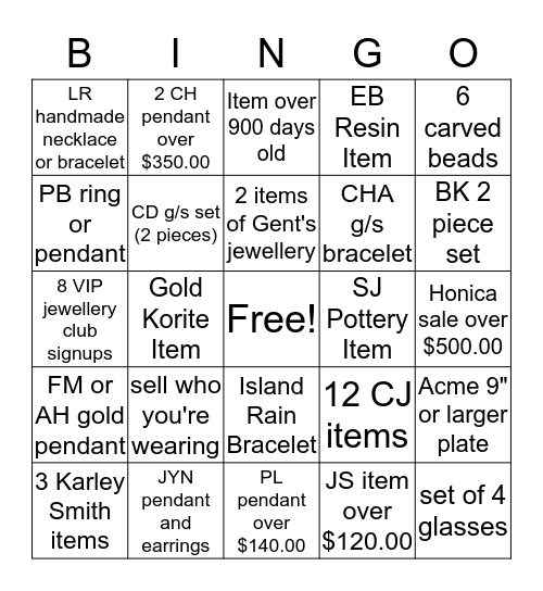 Artina's Bingo Card