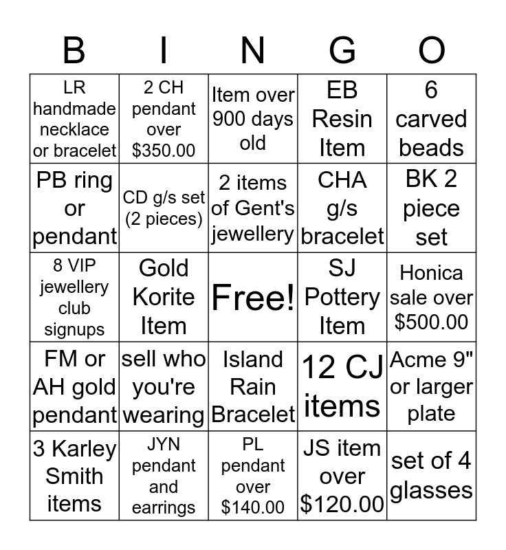 Artina's Bingo Card