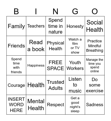 ADYP- Mental Health Bingo Card