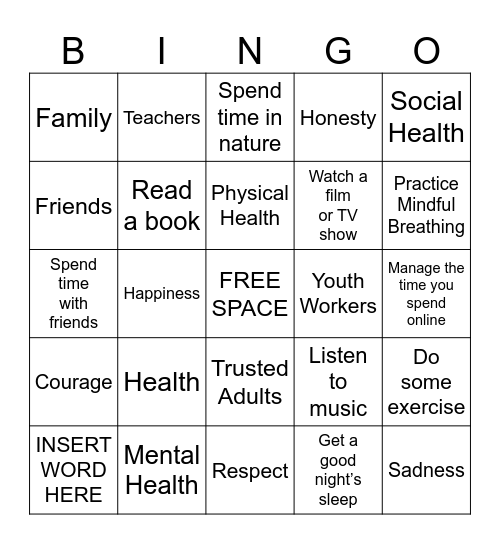 ADYP- Mental Health Bingo Card