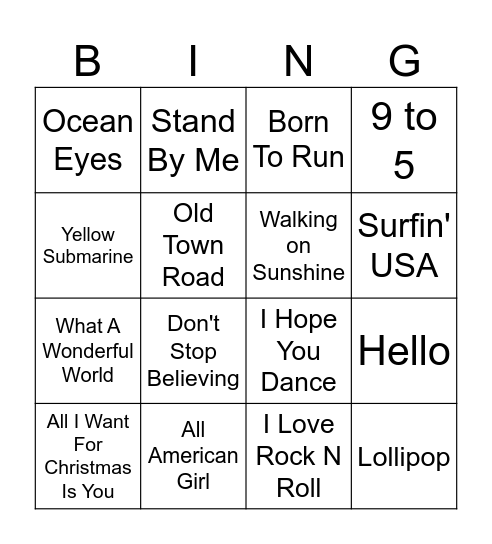 Music Bingo Card