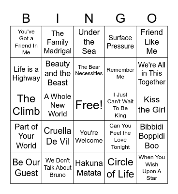 DISNEY MUSIC BINGO Card