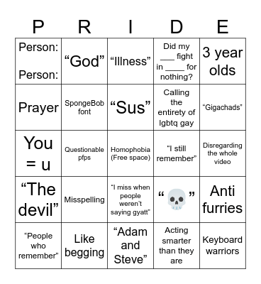Homophobic YouTube short comment section bingo Card