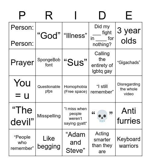 Homophobic YouTube short comment section bingo Card