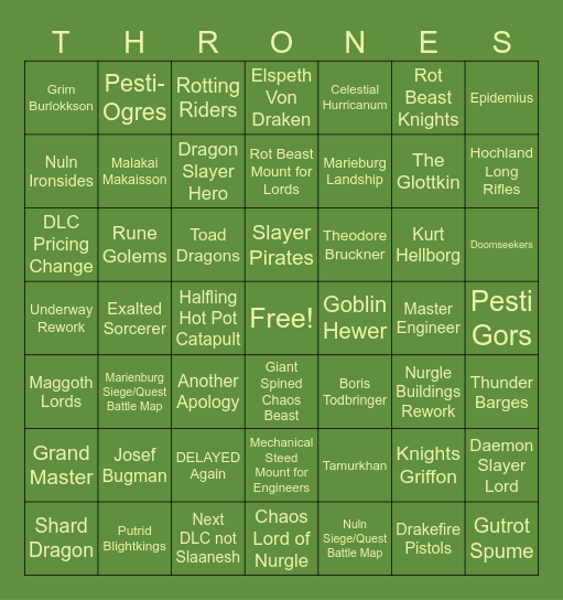 TRONES OF DECAY BINGO Card