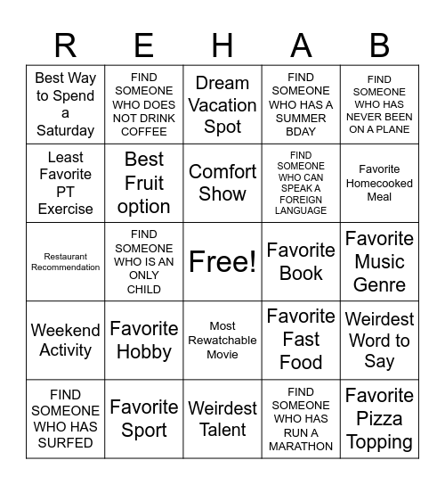 Ivy Rehab Social Hour Bingo Card