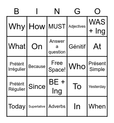English Bingo Card