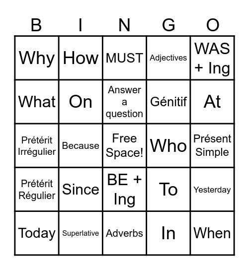 English Bingo Card