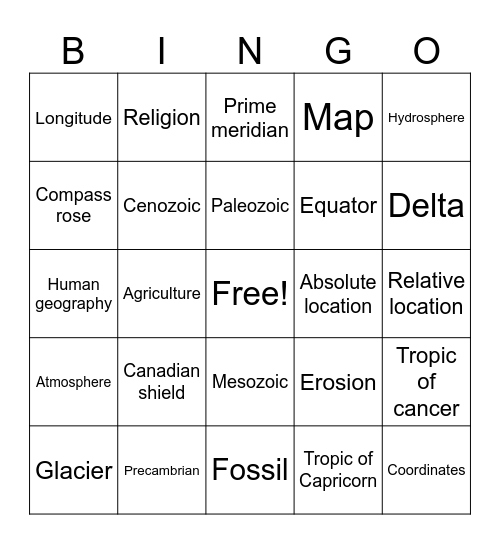 Geography Vocabulary Bingo Card