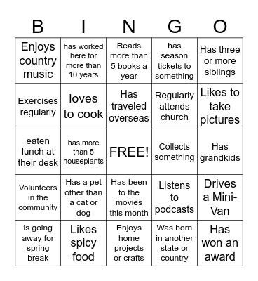 Get to Know Your Co-Workers Bingo Card