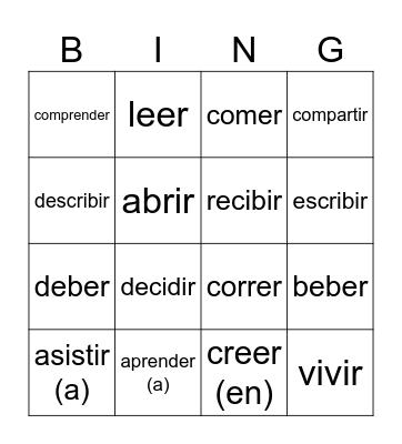-ER and -IR Verbs Bingo Card