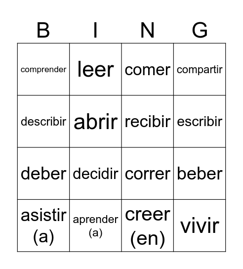 -ER and -IR Verbs Bingo Card