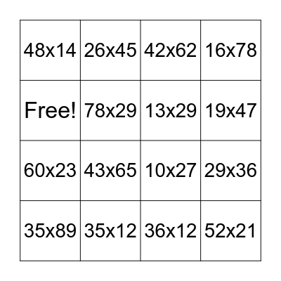 2 Digit by 2 Digit Multiplication Bingo Card