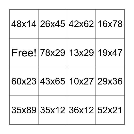 2 Digit by 2 Digit Multiplication Bingo Card