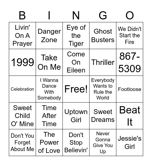 80s MUSIC BINGO Card