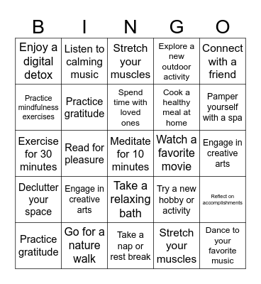 Self Care Bingo Card