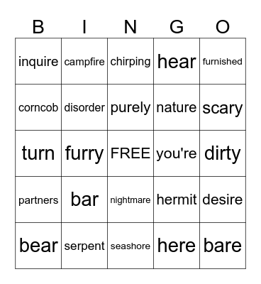 VR  VRE Words Bingo Card