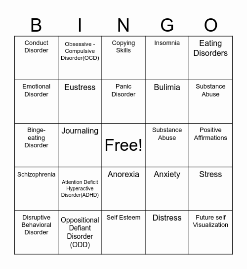 Mental Health Bingo Card