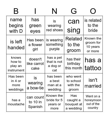 Wedding  BINGO.... find someone who.. Bingo Card