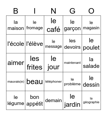 Vocabulaire Chapitre 1,2,3 Bingo Card