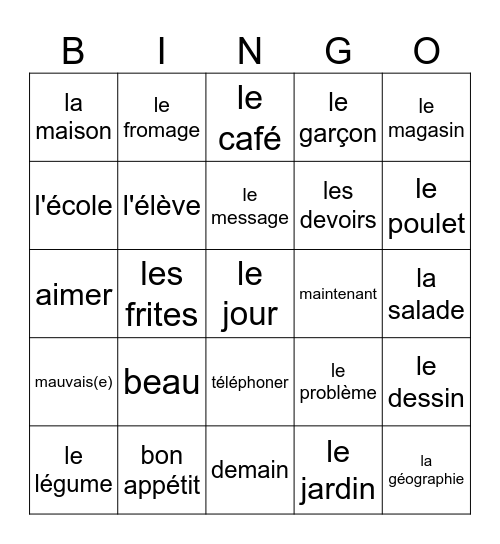 Vocabulaire Chapitre 1,2,3 Bingo Card