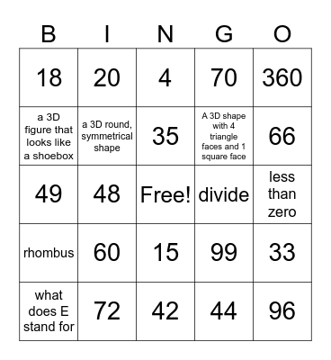 Math Facts and Vocabulary Bingo Card