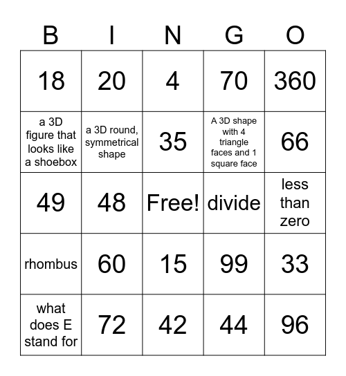 Math Facts and Vocabulary Bingo Card