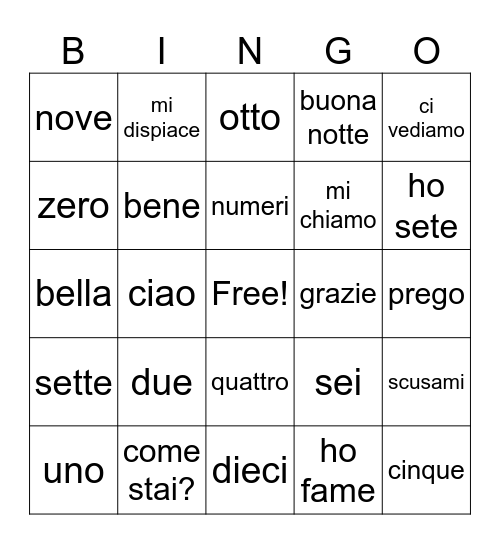 Italian Bingo Card