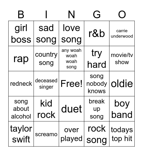 Murphys Karaoke Bingo Card