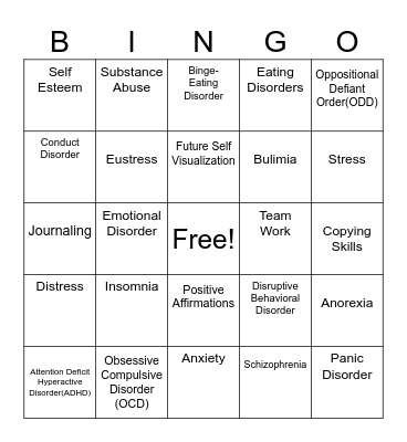 Mental Health Bingo Card