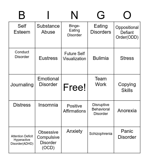 Mental Health Bingo Card