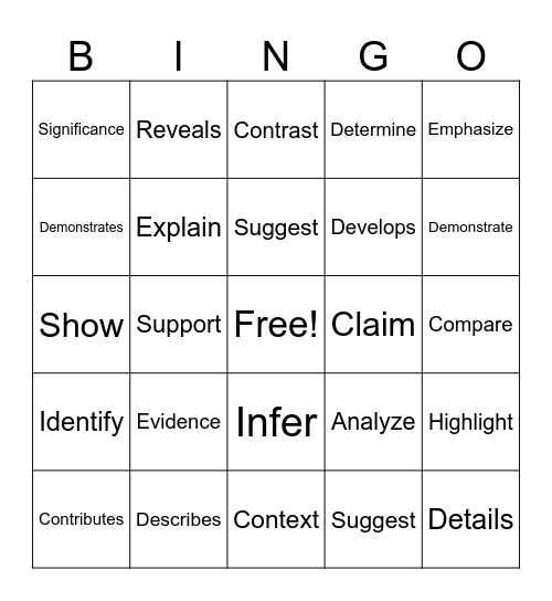 6th Grade Vocabulary Bingo Card