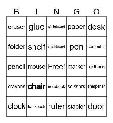 CLASSROOM OBJECTS Bingo Card