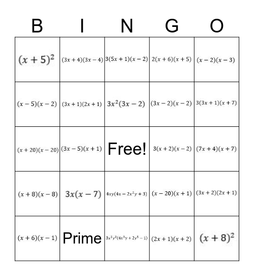Factoring Polynomials Bingo Card
