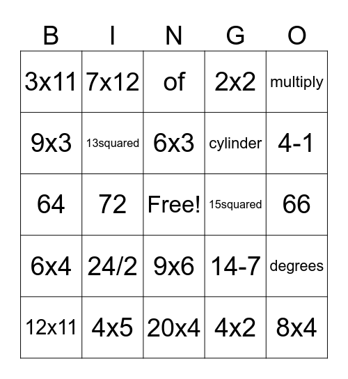 Math Bingo Card
