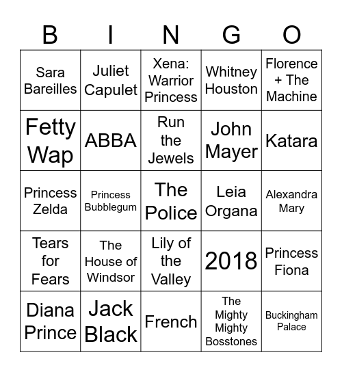 The Royal Family, Princesses, & Royal Tunes Bingo Card