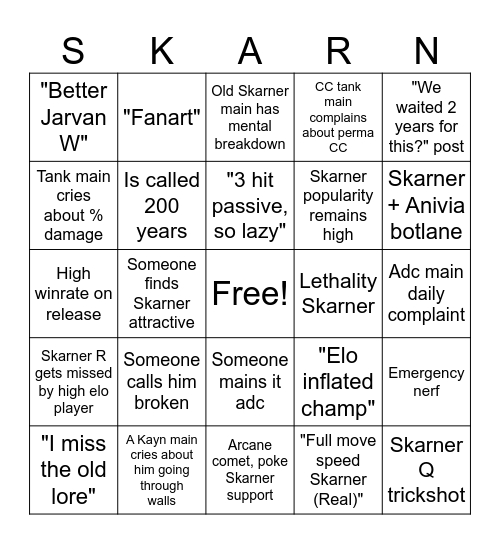 Skarner VGU Bingo Card