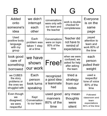 Team Norms BINGO Card