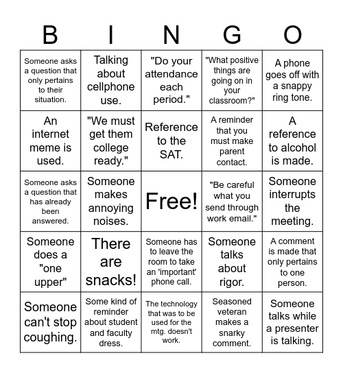 STAFF MEETING Bingo Card