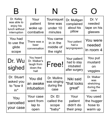 Surgeon/PA/Anesthesia BINGO Card