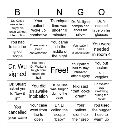 Surgeon/PA/Anesthesia BINGO Card