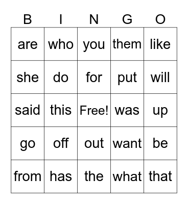 Sight Words Set #2 Bingo Card