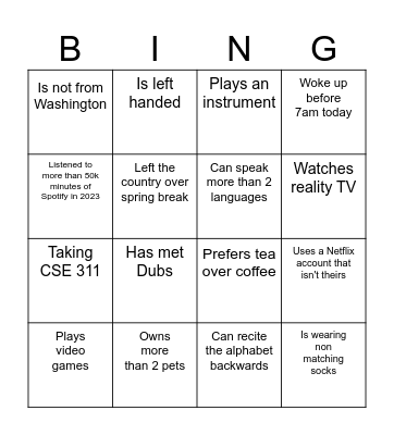 CSE 390z Icebreaker Bingo Card