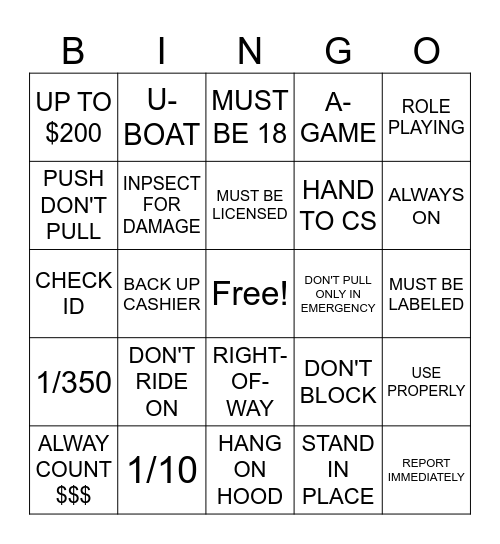 SAFETY & CUSTOMER SERVICE Bingo Card