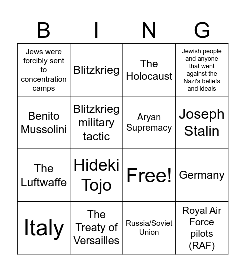 Beginning of WWII Bingo Card