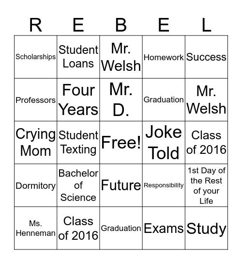Rebel Graduation Bingo Card