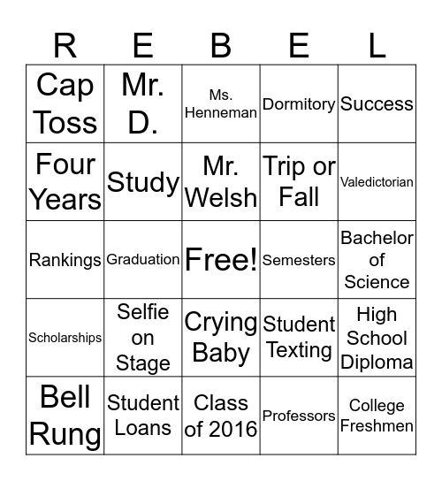 Rebel Graduation Bingo Card