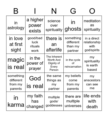 I Believe... Bingo Card